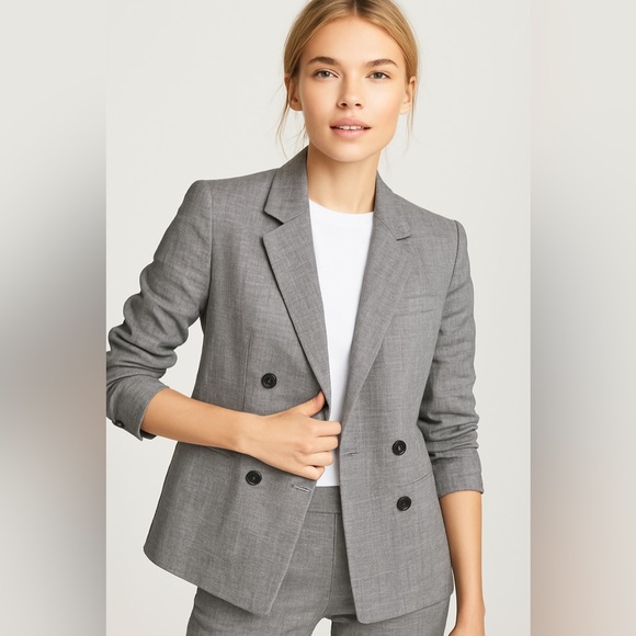 Theory Jackets & Blazers - Theory Double-Breasted Linen Tailored Blazer Grey Minimalist Quiet Luxury Size 4